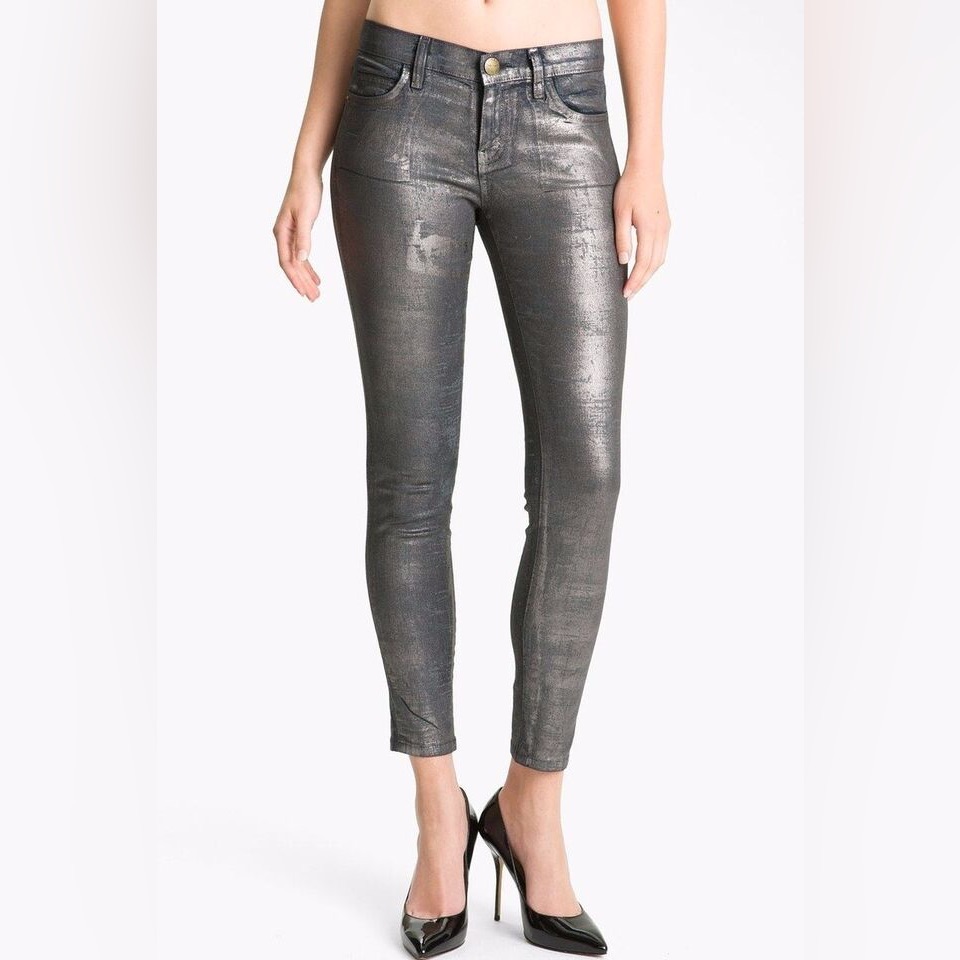Current Elliott The Skinny Ankle Stretch-Jeans Metallic Gunmetal Fello Sz 30